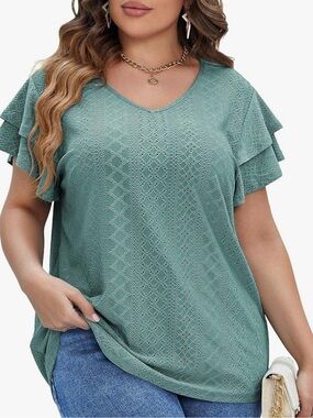 V-Neck Ruffle Sleeve Eyelet Knit Top - Teal